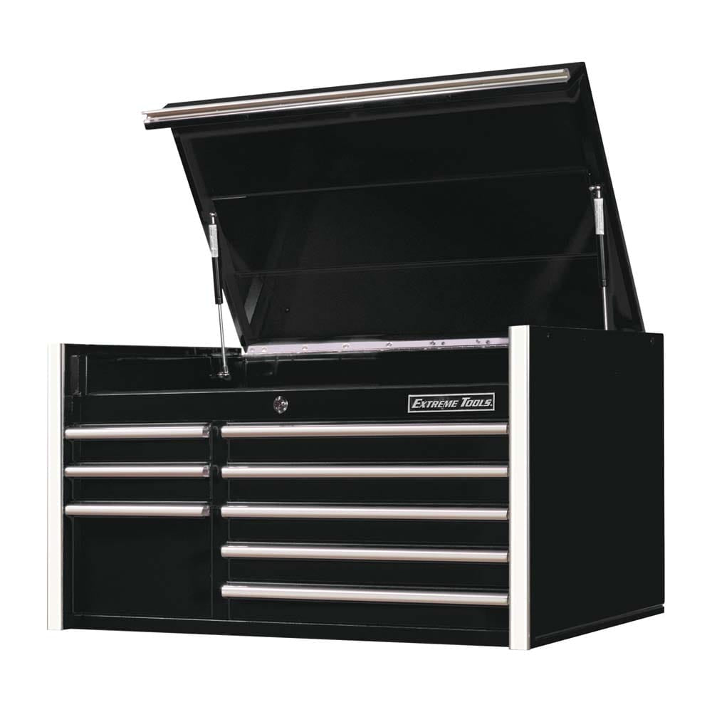 Black Metal Extreme Tools RX 41 Top Chest With The Top Lid Open, Revealing An Upper Storage Compartment And Multiple Drawers Below