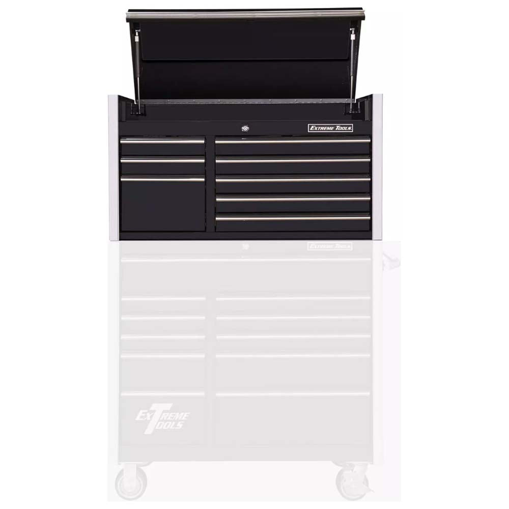 Black Metal Extreme Tools RX Series 41 Top Chest With The Top Lid Open And Multiple Drawers Positioned On Top Of A Partially Visible Larger Tool Chest