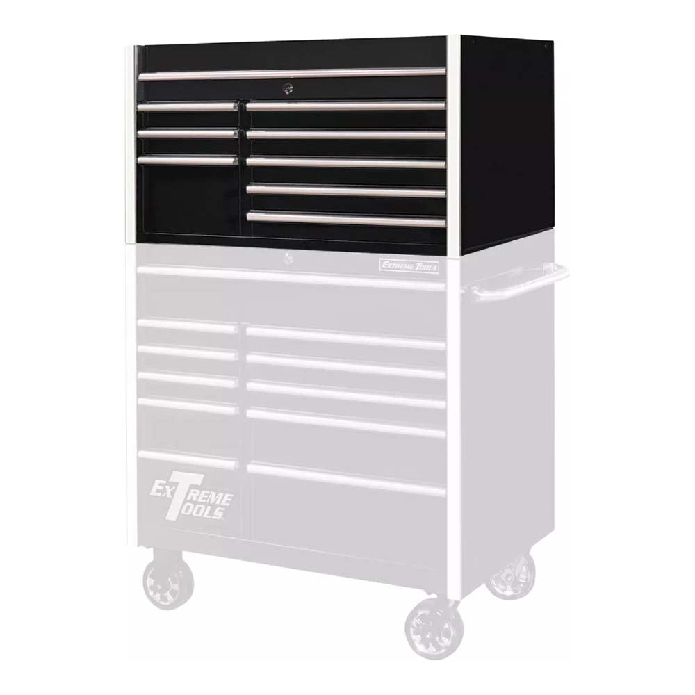 Black Metal Extreme Tools Table Top Tool Chest With Multiple Drawers, Positioned On Top Of A Larger Partially Visible Tool Chest With Wheels