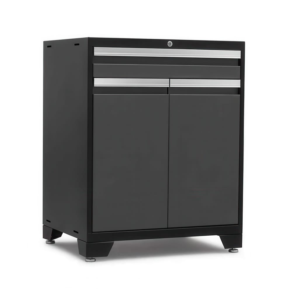 Black Metal Garage Cabinet With Two Slim Top Drawers And Double Doors On Adjustable Feet