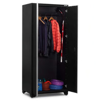 Black Metal Storage Cabinet With Hanging Jackets Hockey Stick And Garage Gear Neat On Shelves