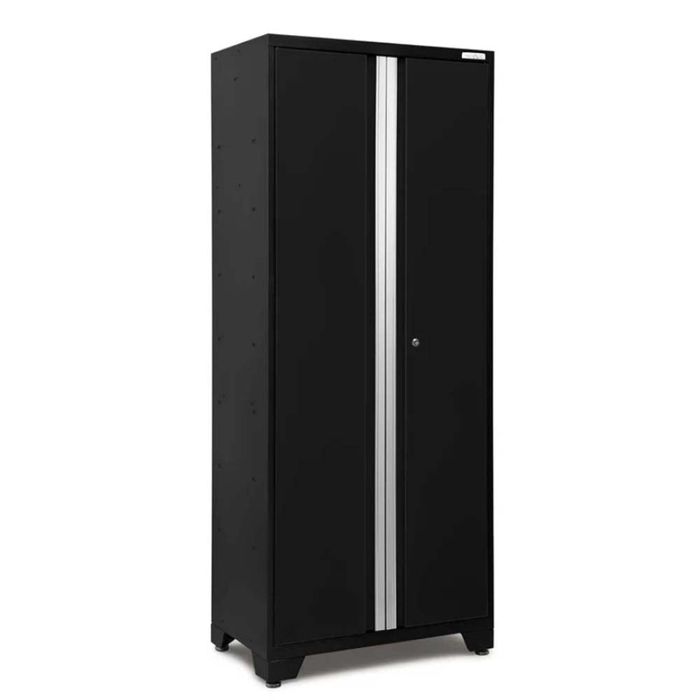Black Metal Storage Cabinet With Tall Double Doors And A Vertical Silver Accent Running Down The Center