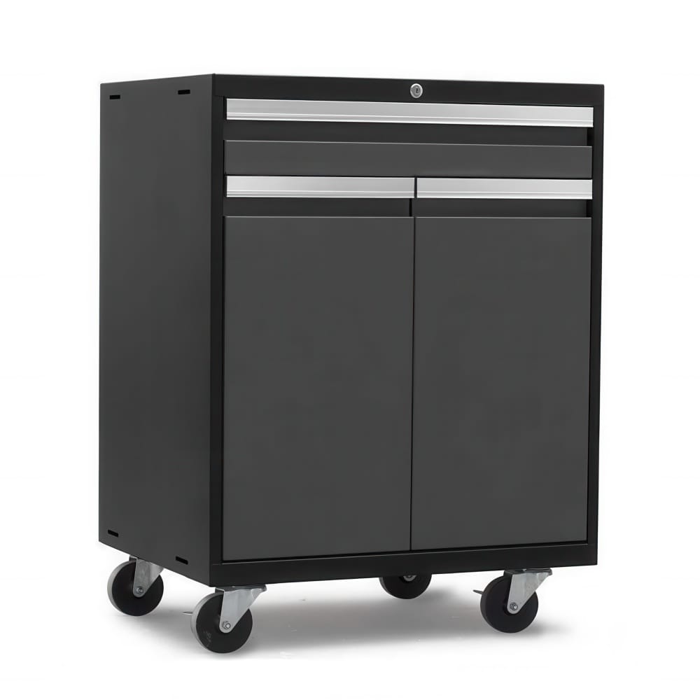 Black Metal Tool Cabinet With Dual Top Drawers And Two Door Storage Base On Four Caster Wheels