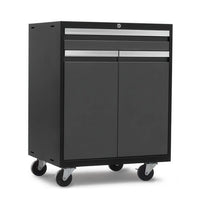 Black Metal Tool Cabinet With Dual Top Drawers And Two Door Storage Base On Four Caster Wheels