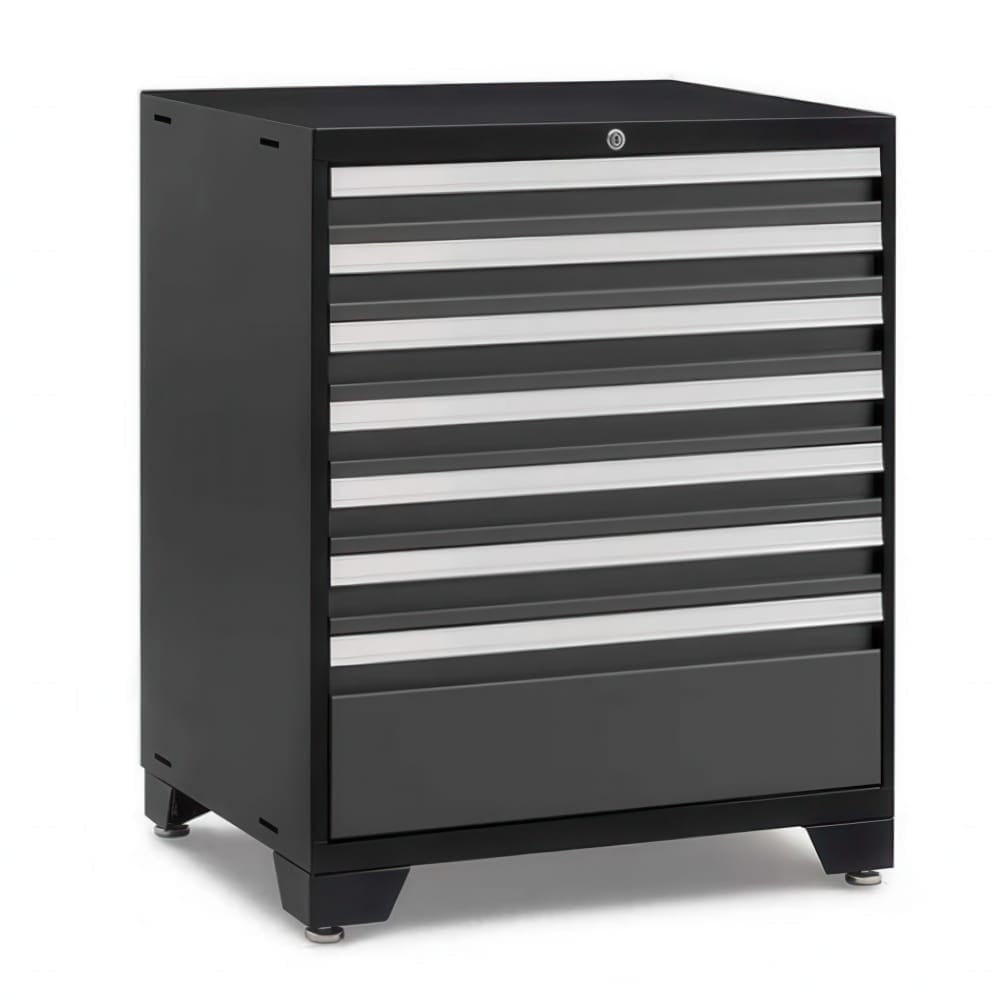 Black Metal Tool Cabinet With Seven Shallow Drawers And One Deep Bottom Drawer On Leveling Feet