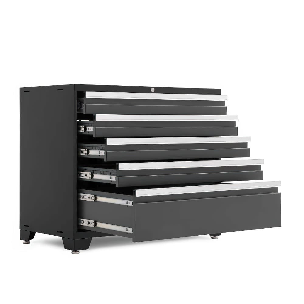 Black Metal Tool Cabinet With Six Partially Open Drawers Showing Silver Slides