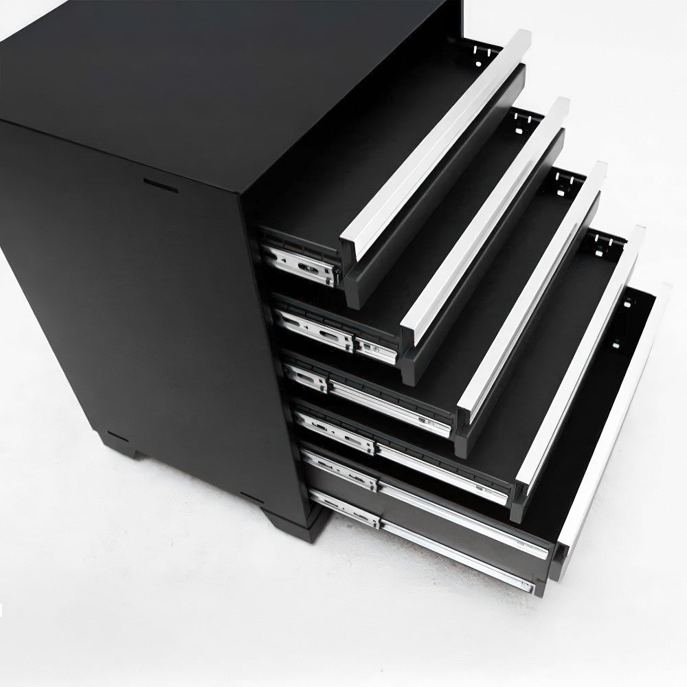 Black Metal Tool Chest With Five Drawers Fully Extended Revealing Their Smooth Ball-Bearing Slide Mechanisms And Sleek Silver Handles