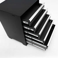 Black Metal Tool Chest With Five Drawers Fully Extended Revealing Their Smooth Ball-Bearing Slide Mechanisms And Sleek Silver Handles