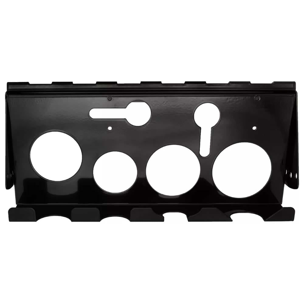 Black Metal Tool Holder With Multiple Circular And Keyhole Shaped Cutouts