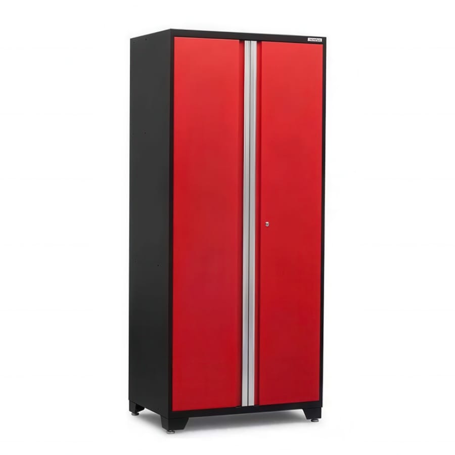 Black Metal Wardrobe With Bright Red Double Doors And A Slim Silver Handle Column