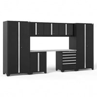 Black Modular Garage Cabinet Set Features Full-Length Lockers Upper Wall Cabinets A Central Drawer Unit And A Stainless Steel Work Surface