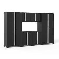 Black Modular Garage Cabinet Set With Tall Lockers And Upper And Lower Cabinets Frames An Open Center Workspace