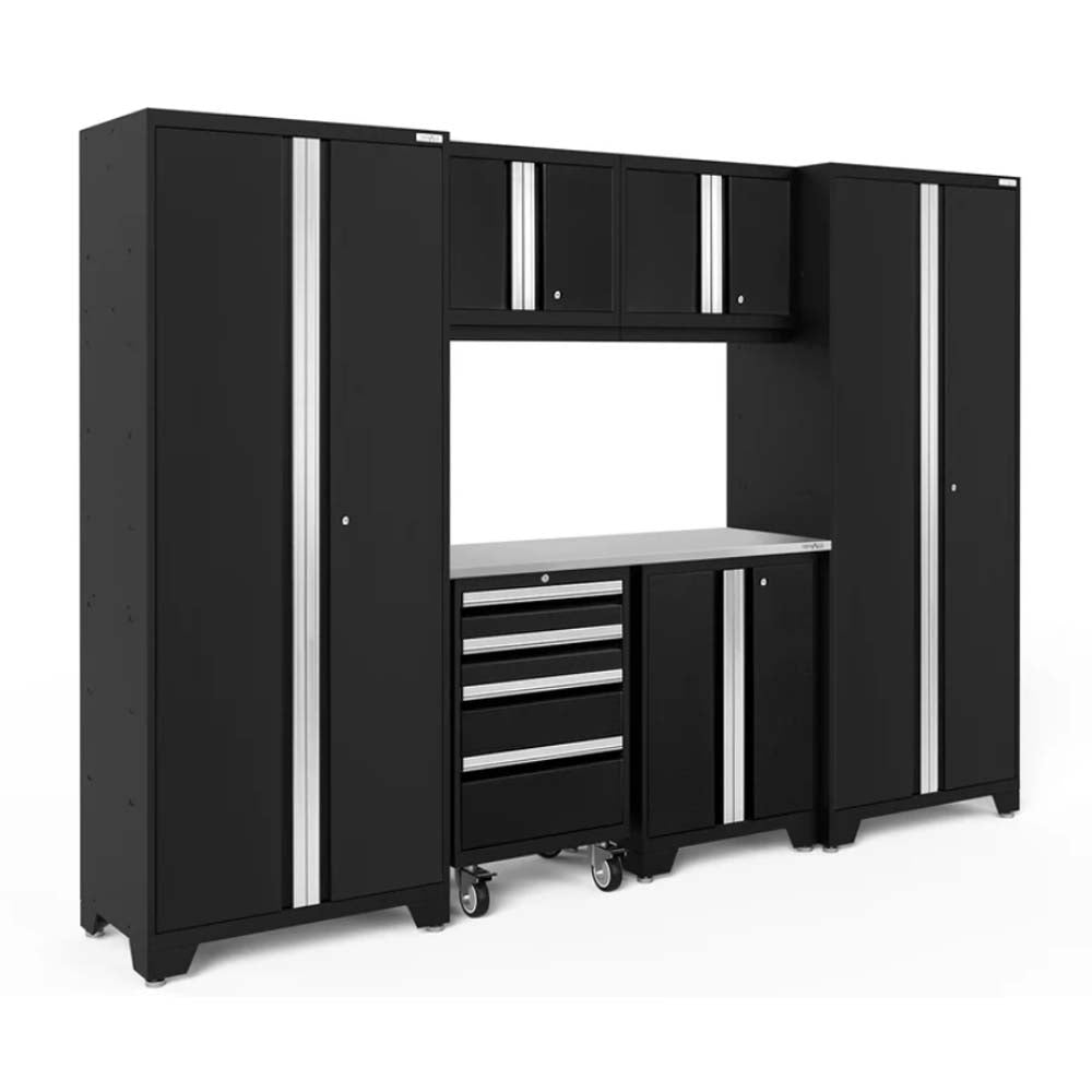 Black Modular Garage Cabinet Set With Tall Storage Units Upper Wall-Mounted Cabinets A Stainless Steel Work Surface A Wheeled Drawer Unit And A Matching Lower Cabinet