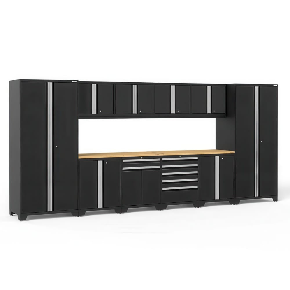 Black Modular Garage Cabinet Set With Two Tall Towers Overhead Wall Cabinets And A Wood Worktop With Center Drawers