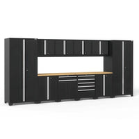 Black Modular Garage Cabinet Set With Two Tall Towers Overhead Wall Cabinets And A Wood Worktop With Center Drawers