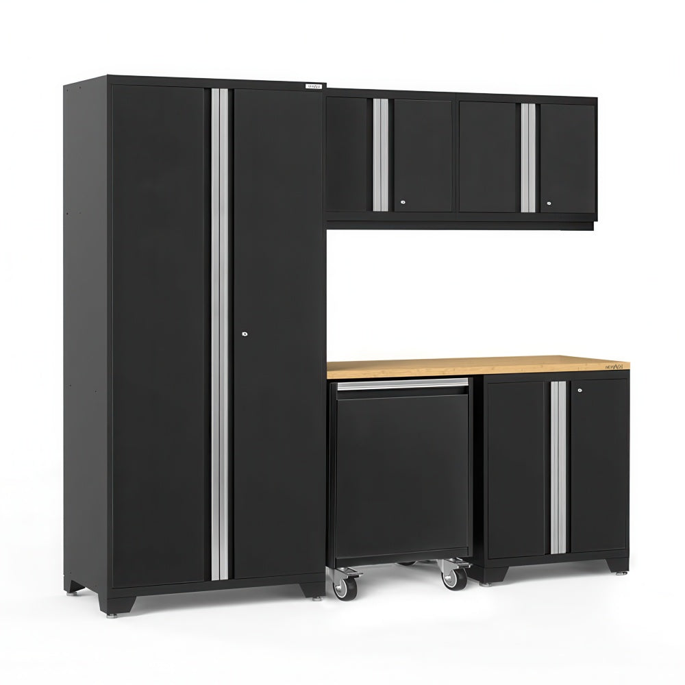 Black Modular Garage Cabinet Set With Wood Worktop Overhead Storage And Center Rolling Base Cabinet On Casters