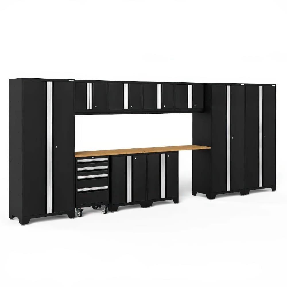 Black Modular Garage Cabinet System With A Wood Work Surface Overhead Storage And A Rolling Drawer Chest