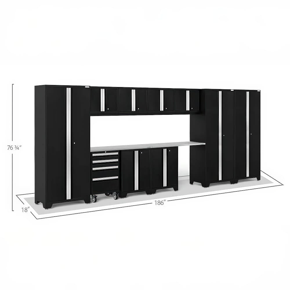 Black Modular Garage Cabinet System With Silver Handles And A Stainless Steel Worktop Accompanied By Labeled Dimensions