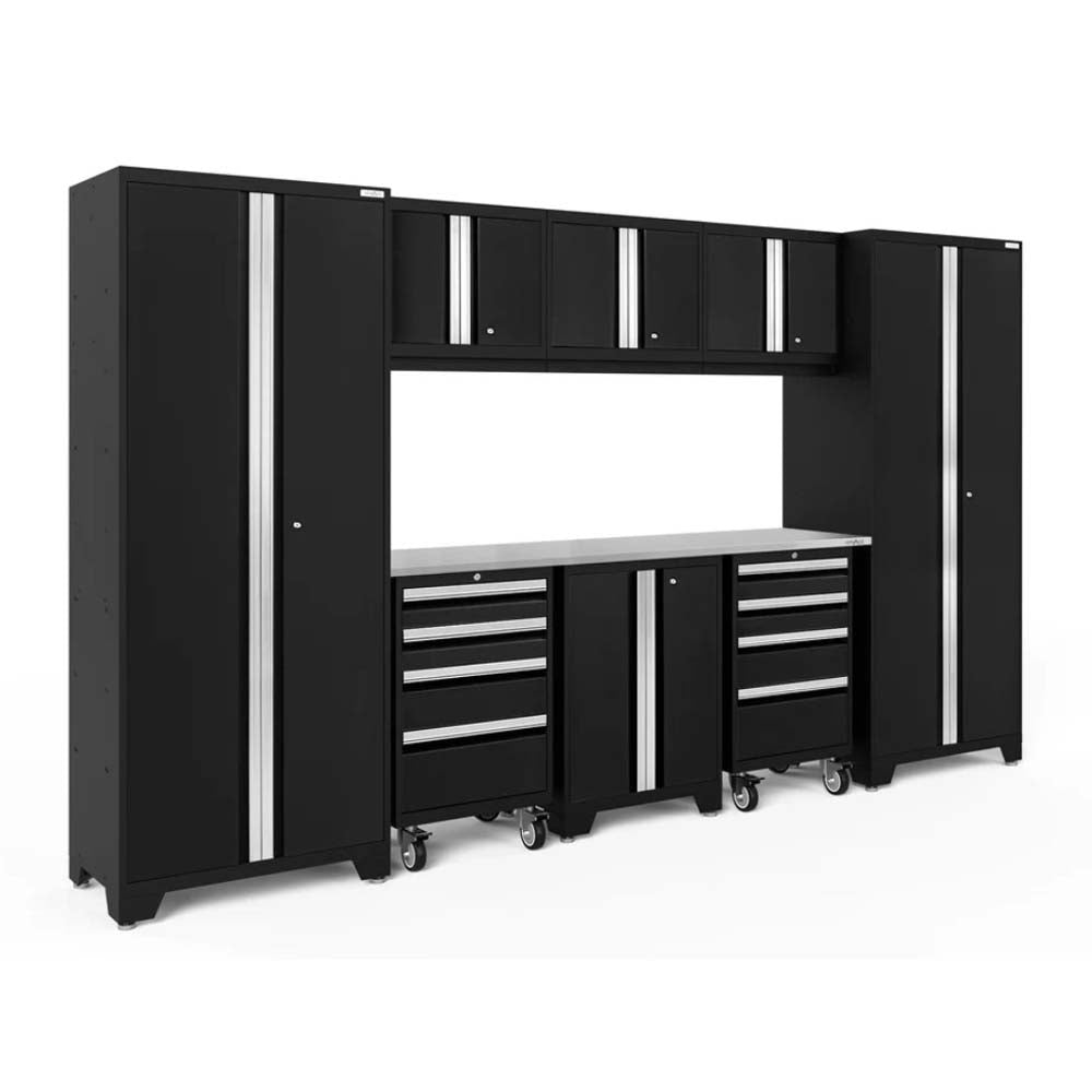 Black Modular Garage Storage System With Tall Cabinets Upper Wall-Mounted Cabinets Mobile Drawer Units And A Central Stainless Steel Worktop