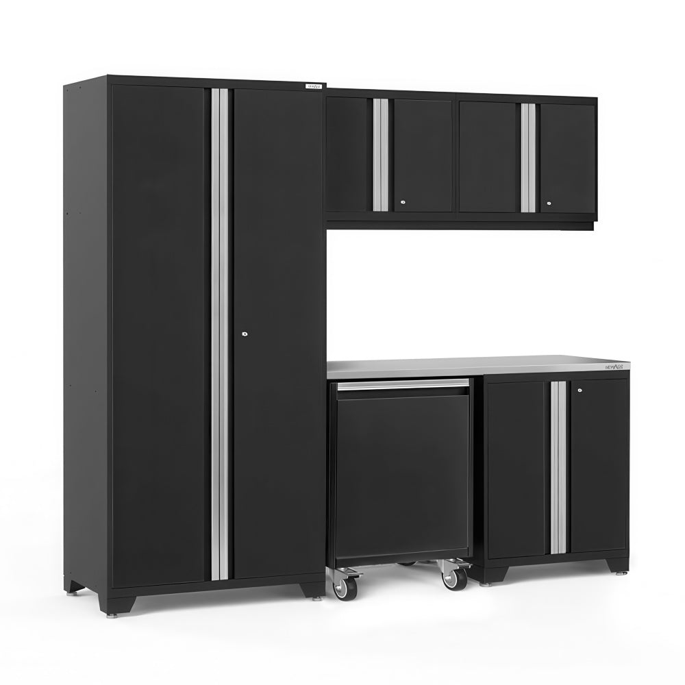 Black Modular Garage Storage System With Tall Locker Overhead Cabinets Worktop And Rolling Base Cabinet On Casters