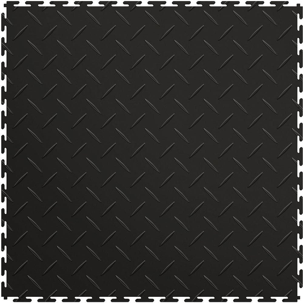 Black Perfection Tile Interlocking Garage Floor Tiles With A Diamond Plate Pattern, Featuring A Series Of Raise Diamond Shape Ridges