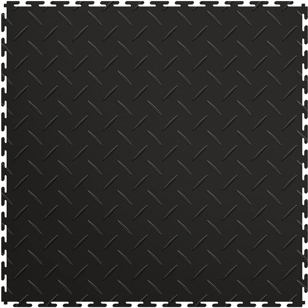 Black Perfection Tile Interlocking Garage Floor Tiles With A Diamond Plate Pattern, Featuring A Series Of Raise Diamond Shape Ridges