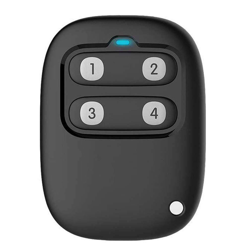 Black Remote Control With Four Buttons Labeled One Through Four And A Blue LED Indicator Light