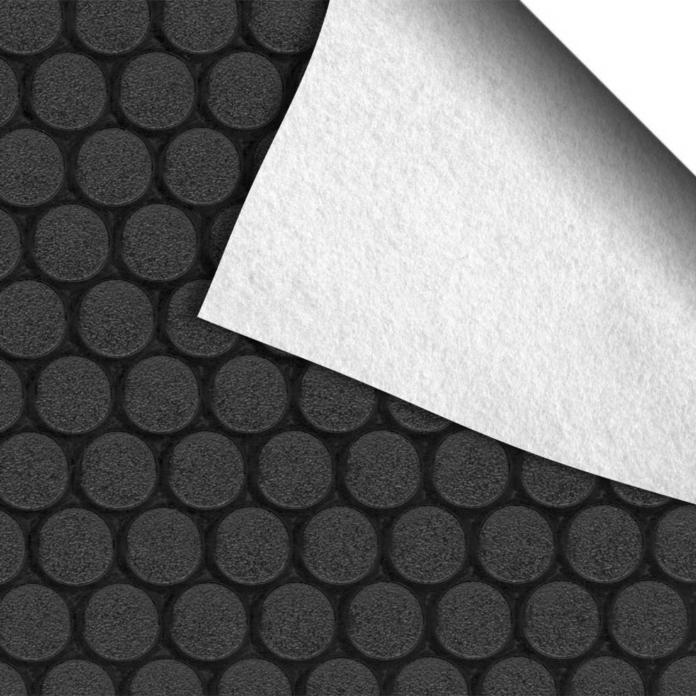 Black Shed Flooring Mat Composed Of Uniform Circular Indentation And A Smooth White Triangular Overlay