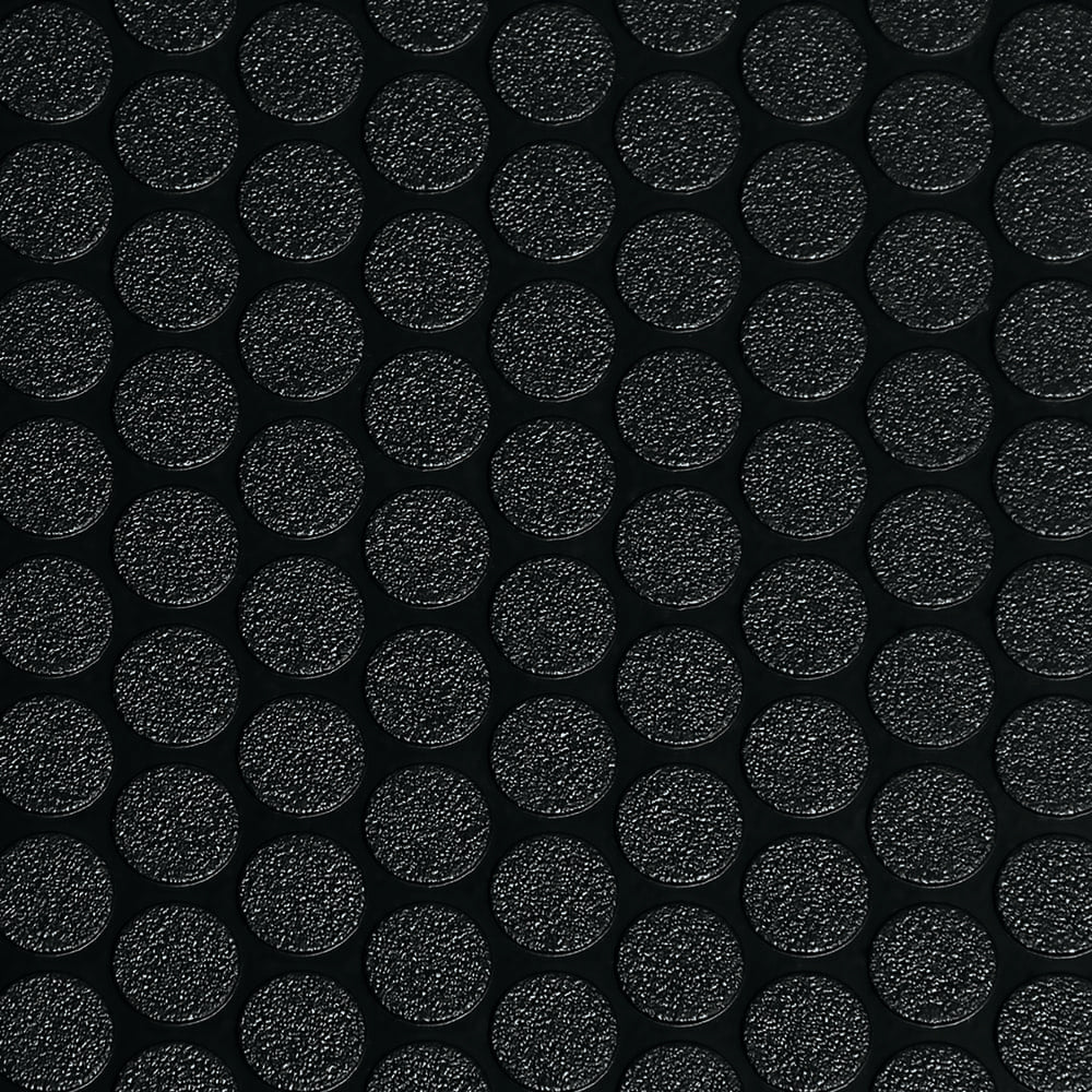 Black Small Coin Roll Flooring Featuring A Repeating Pattern Of Black Slightly Raised Circular Shapes With A Rough Texture