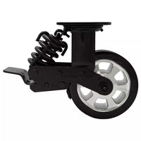 Black heavy-duty caster wheel with spring suspension system for industrial carts.