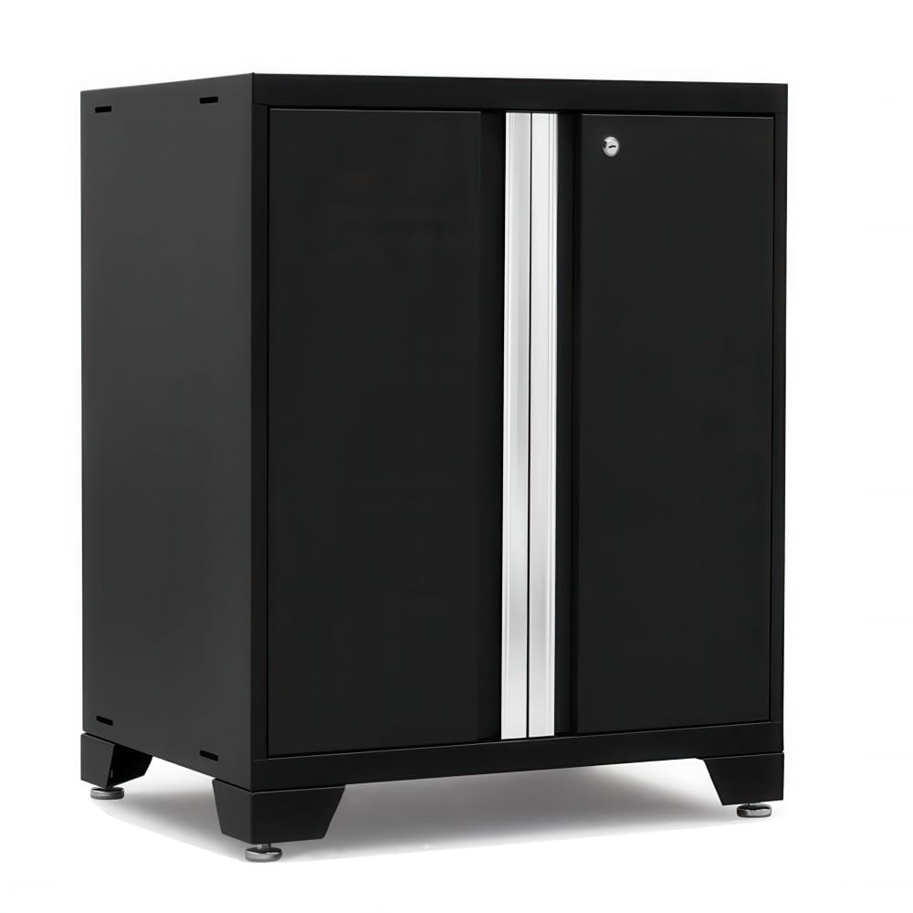 Black Steel Base Cabinet Features Two Lockable Doors With A Vertical Silver Handle And Sturdy Leveling Feet