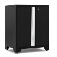 Black Steel Base Cabinet Features Two Lockable Doors With A Vertical Silver Handle And Sturdy Leveling Feet