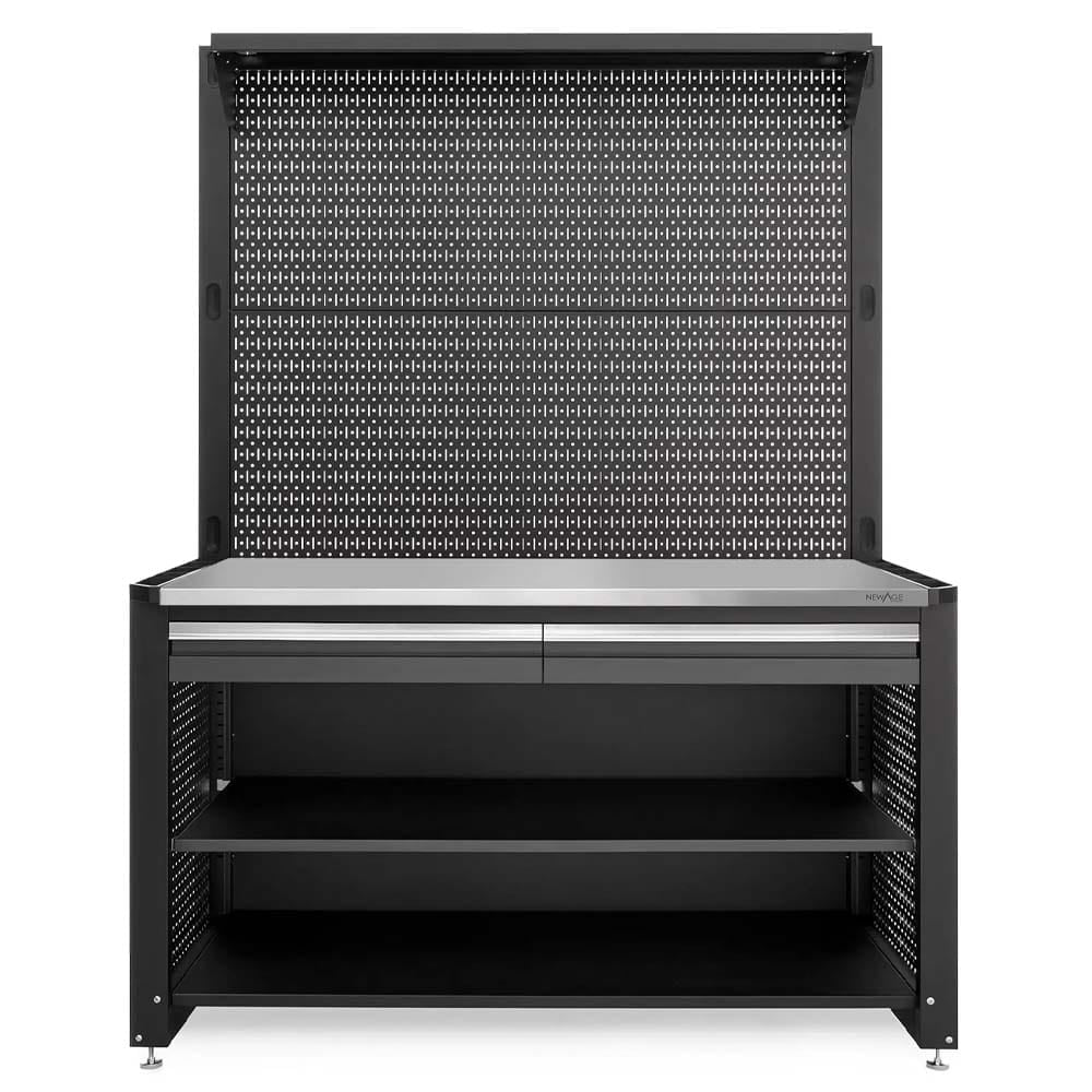 Black Steel Garage Workbench With Pegboard Back Single Stainless Top And Two Open Lower Shelves