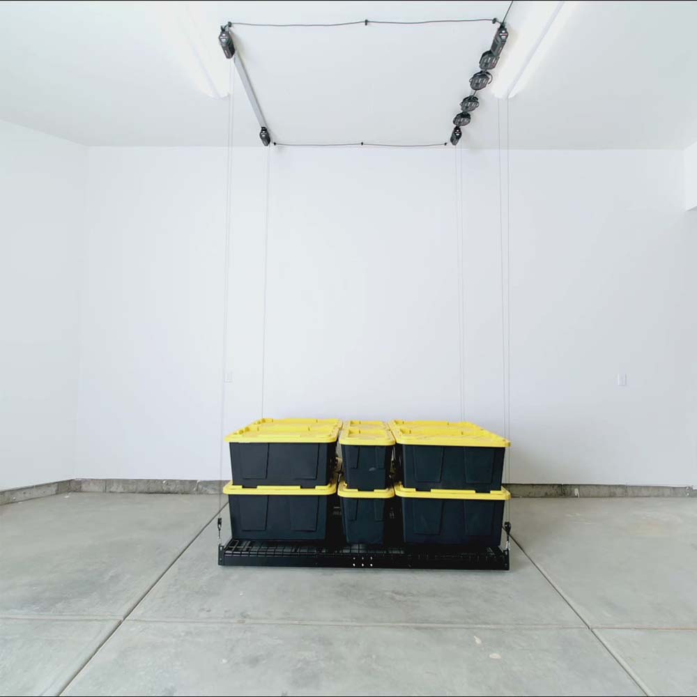 Black Storage Bins With Yellow Lids Are Arranged On A Low Suspended Platform Of Smarter Home Garage Ceiling Storage