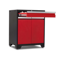 Black Storage Cabinet With Bright Red Doors Features A Fully Extended Top Drawer Revealing Sturdy Slide Mechanism