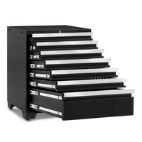 Black Tool Cabinet With All Drawers Partially Open Showing Full Extension Slides And Top Center Lock