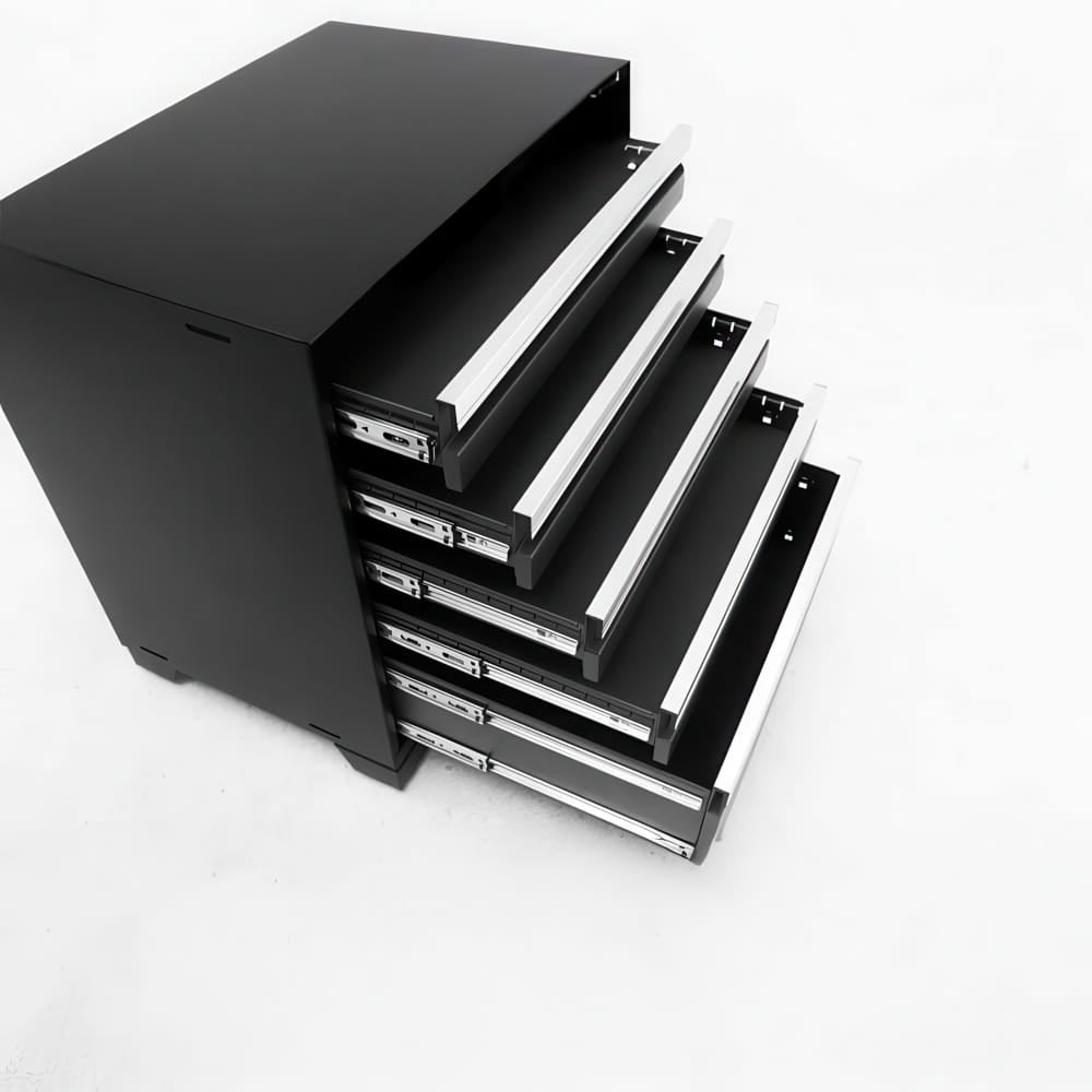 Black Tool Cabinet With Multiple Drawers Extended Showing Metal Slides On A White Background