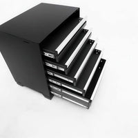 Black Tool Cabinet With Multiple Drawers Extended Showing Metal Slides On A White Background