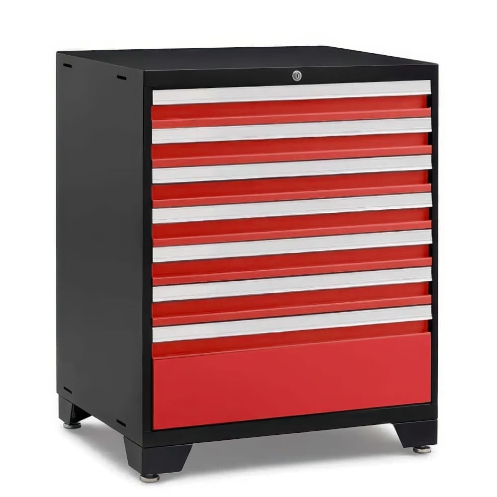 Black Tool Cabinet With Red Drawer Fronts Featuring Eight Drawers And A Locking Top On Leveling Feet