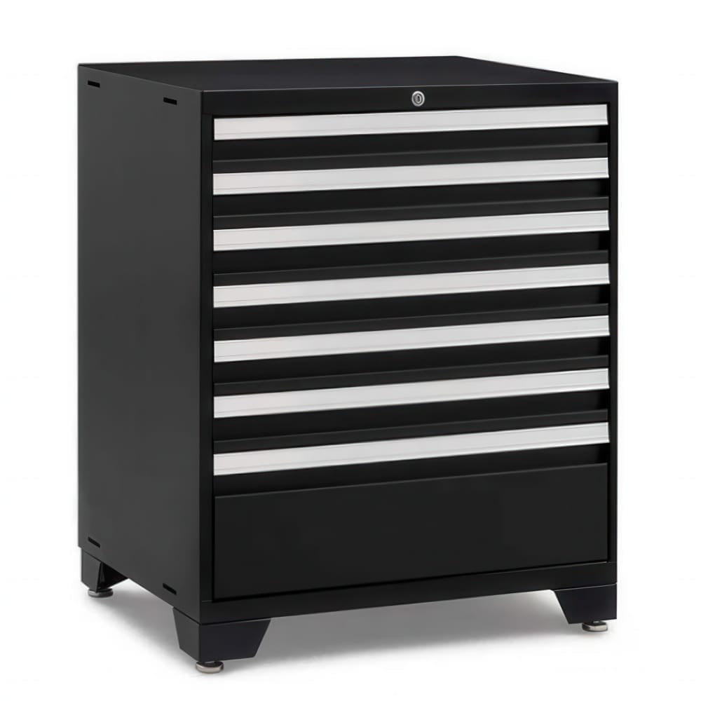 Black Tool Cabinet With Six Shallow Drawers One Deep Bottom Drawer Silver Pulls Top Lock And Adjustable Feet