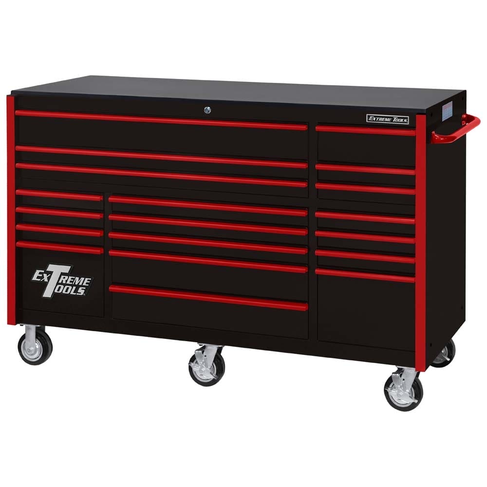 Black Tool Chest From Extreme Tools 72 RX Series 19 Drawer With Red Drawer Handles And Accents