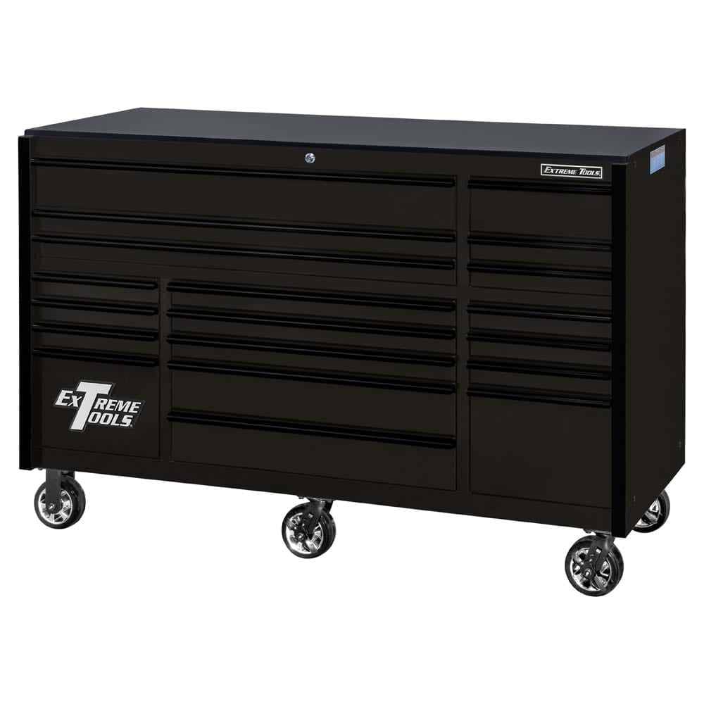 Black Tool Chest From Extreme Tools 72 RX Series With Numerous Drawers Of Varying Sizes