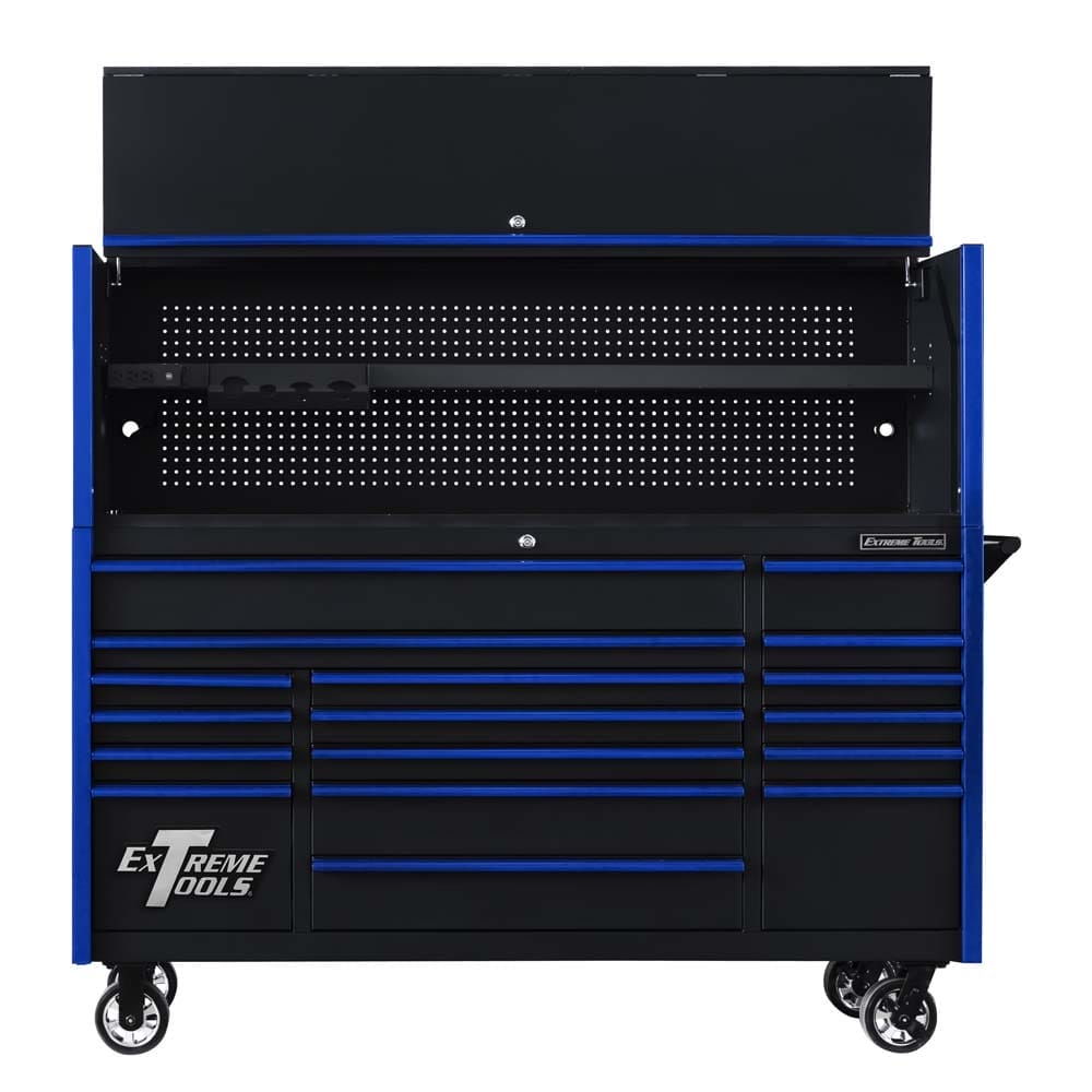Black Tool Chest With Blue Trim Featuring An Open Top Compartment With A Perforated Pegboard And A Horizontal Tool Rack