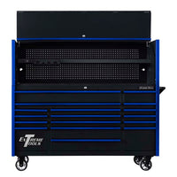 Black Tool Chest With Blue Trim Featuring An Open Top Compartment With A Perforated Pegboard And A Horizontal Tool Rack