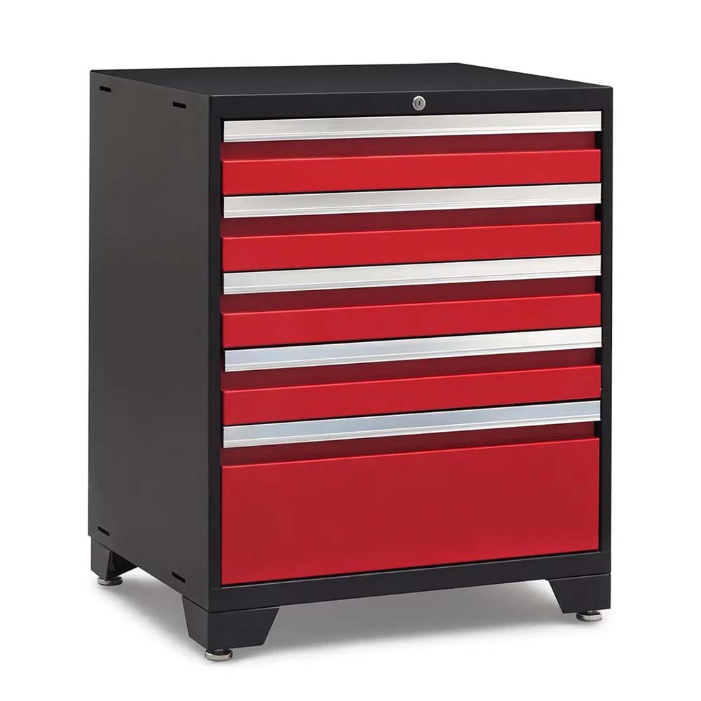 Black Tool Chest With Bright Red Drawers And Silver Trimmed Handles