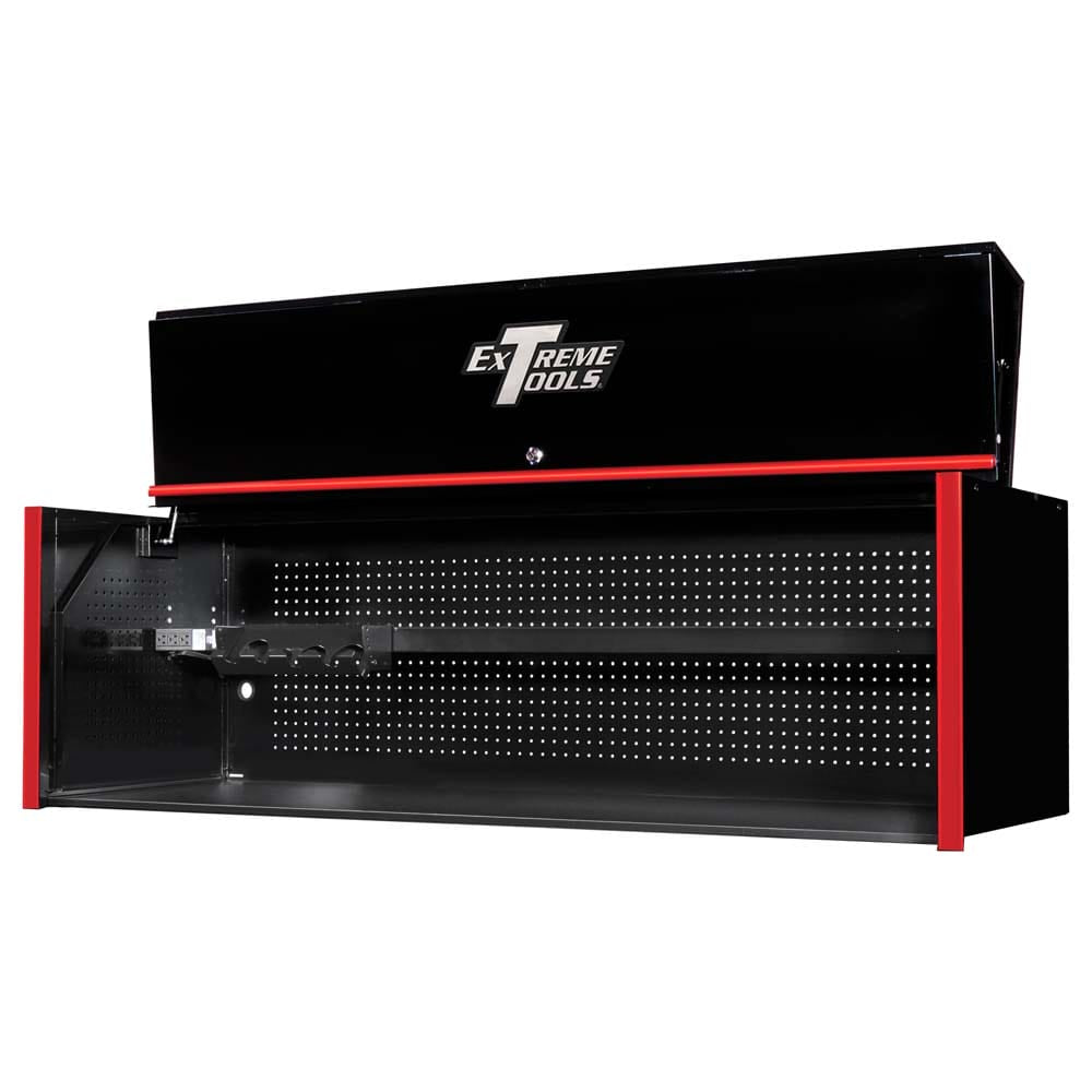 Black Top 72 Inch Tool Box Hutch With Red Side Accents And A Pegboard Back Panel