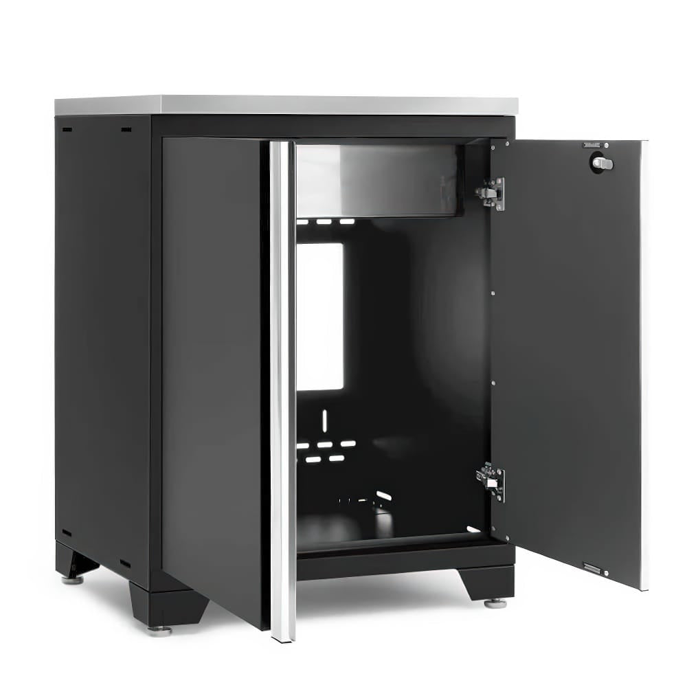 Black Two Door Cabinet With Doors Open Revealing Empty Interior And Silver Handle