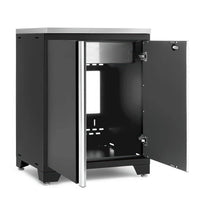 Black Two Door Cabinet With Doors Open Revealing Empty Interior And Silver Handle
