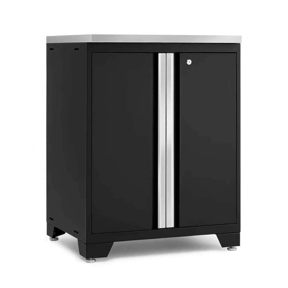 Black Two Door Cabinet With Silver Handle And Steel Top