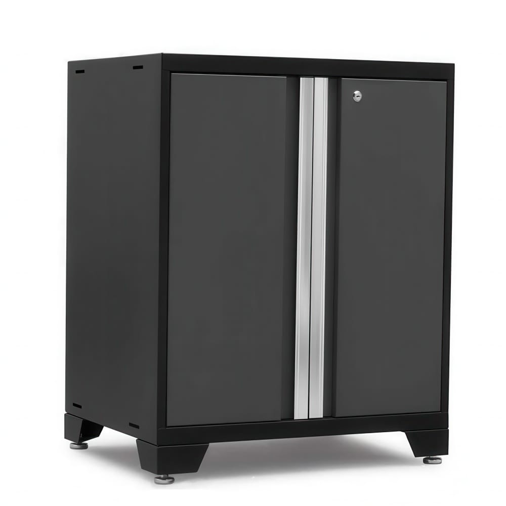 Black Two Door Garage Cabinet With Central Silver Handle And Adjustable Leveling Feet